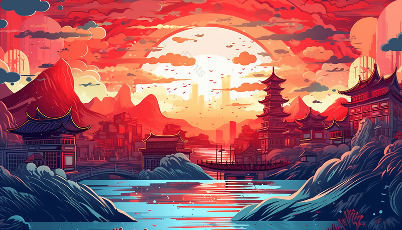 中国风国潮风山水建筑意境插画,插画/手绘图,插画/手绘图库,插画/手绘图下载,插画/手绘